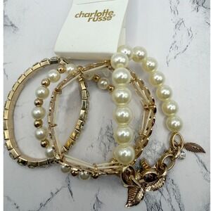 Charlotte Russe Bracelet Set of 4‎ Gold Faux Pearl Stretch Bracelets NOS